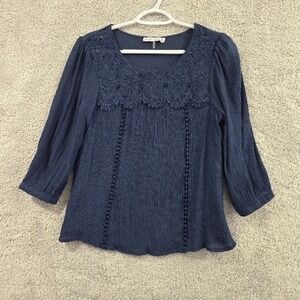 Figueroa & Flower Blouse Women's Small Petite Blue Crochet Details 3/4 Sleeves